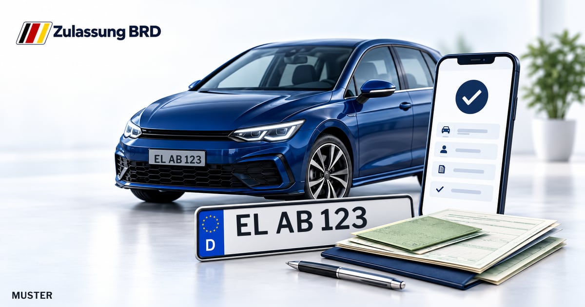 Online Fahrzeugzulassung in Haselünne: Musterkennzeichen EL AB 123, Auto und Fahrzeugpapiere und Smartphone. Illustration mit Logo von Zulassung BRD.